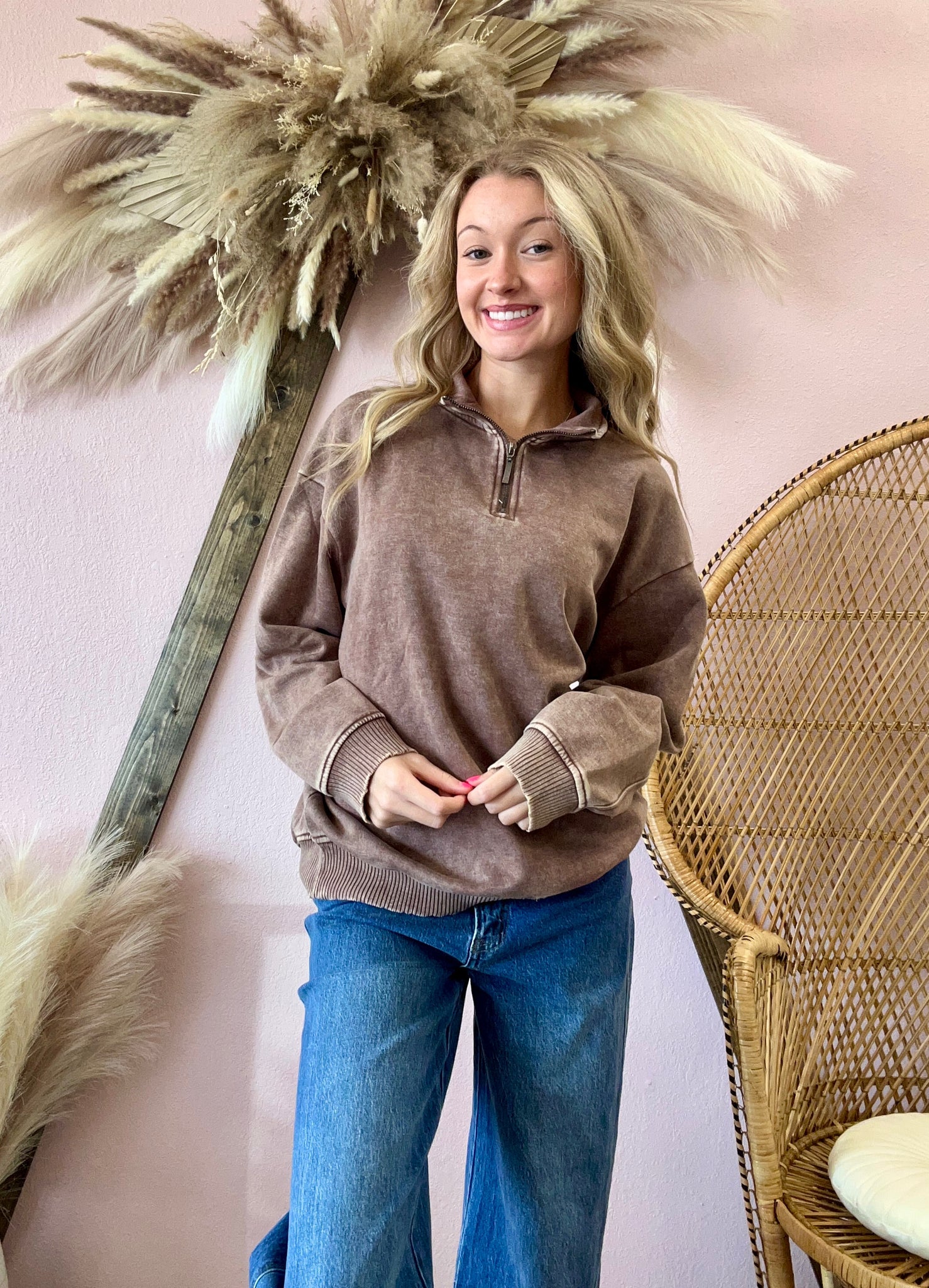 Half Zip Pullover Sweatshirt Brown