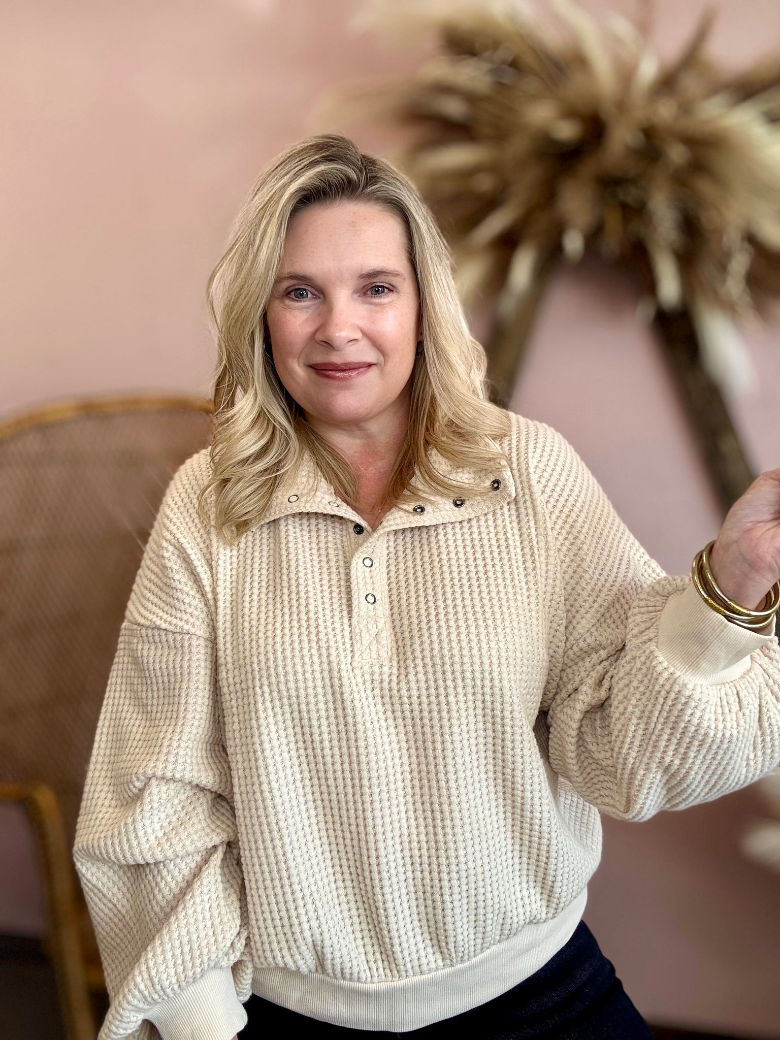 Half Button Down Casual Waffle Knit Top Cream