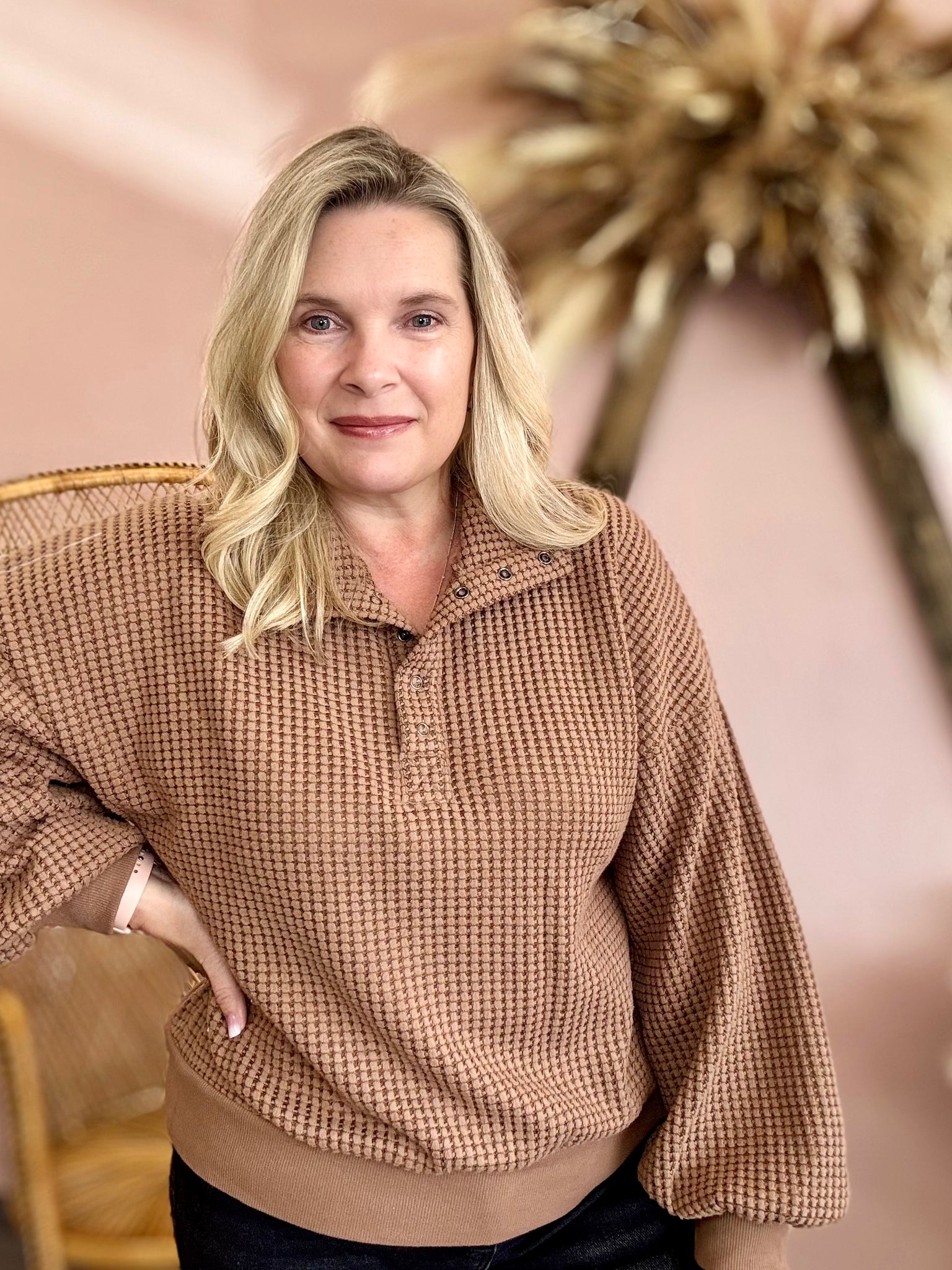 Half Button Down Casual Waffle Knit Top Brown