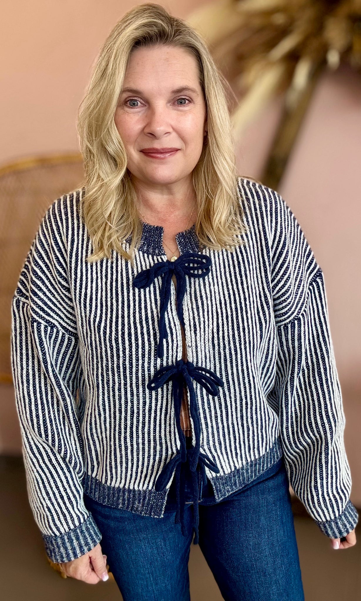 Front Tie Two Tone Knit Cardigan