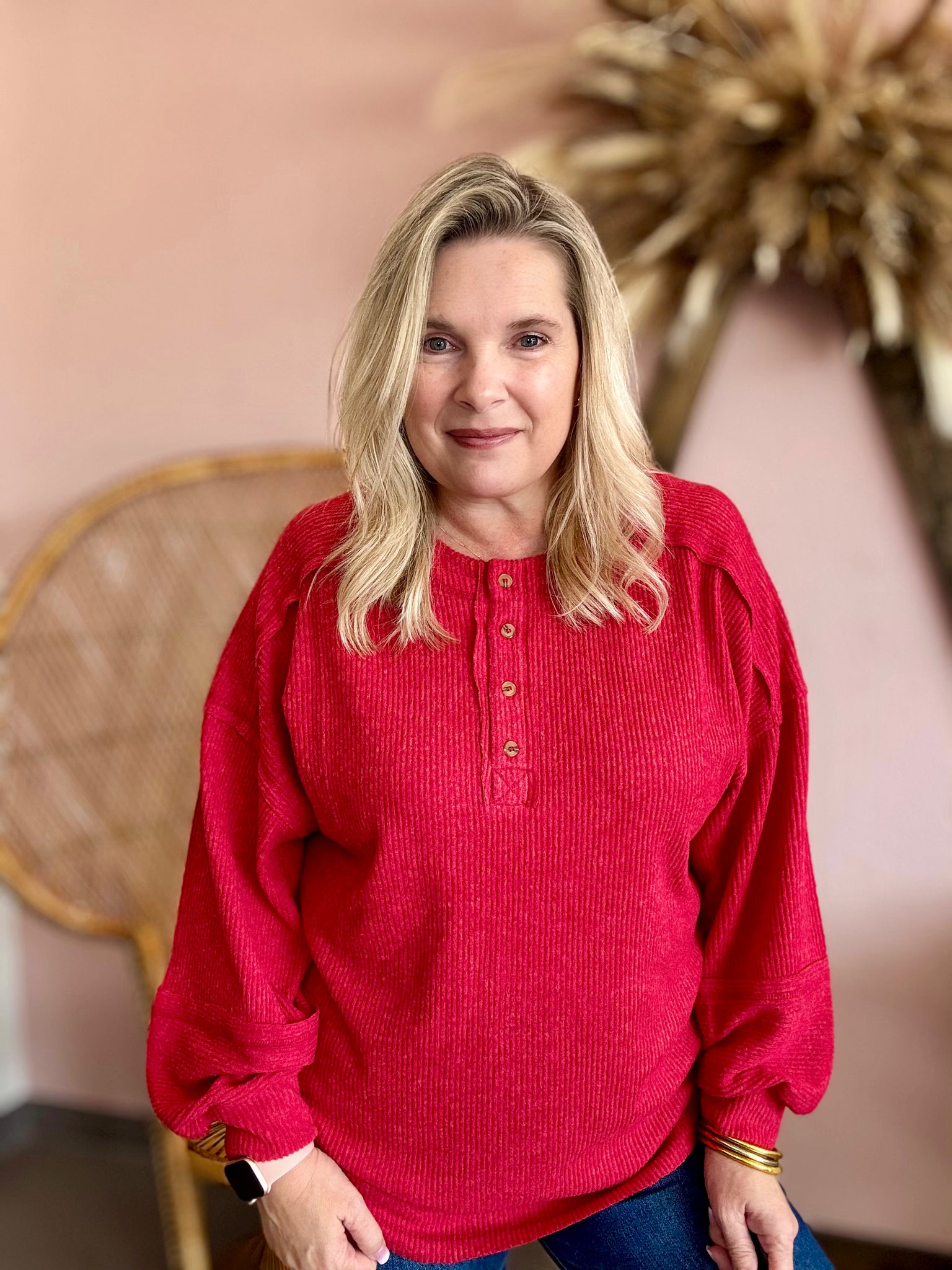 Ribbed Henley Button Top Red