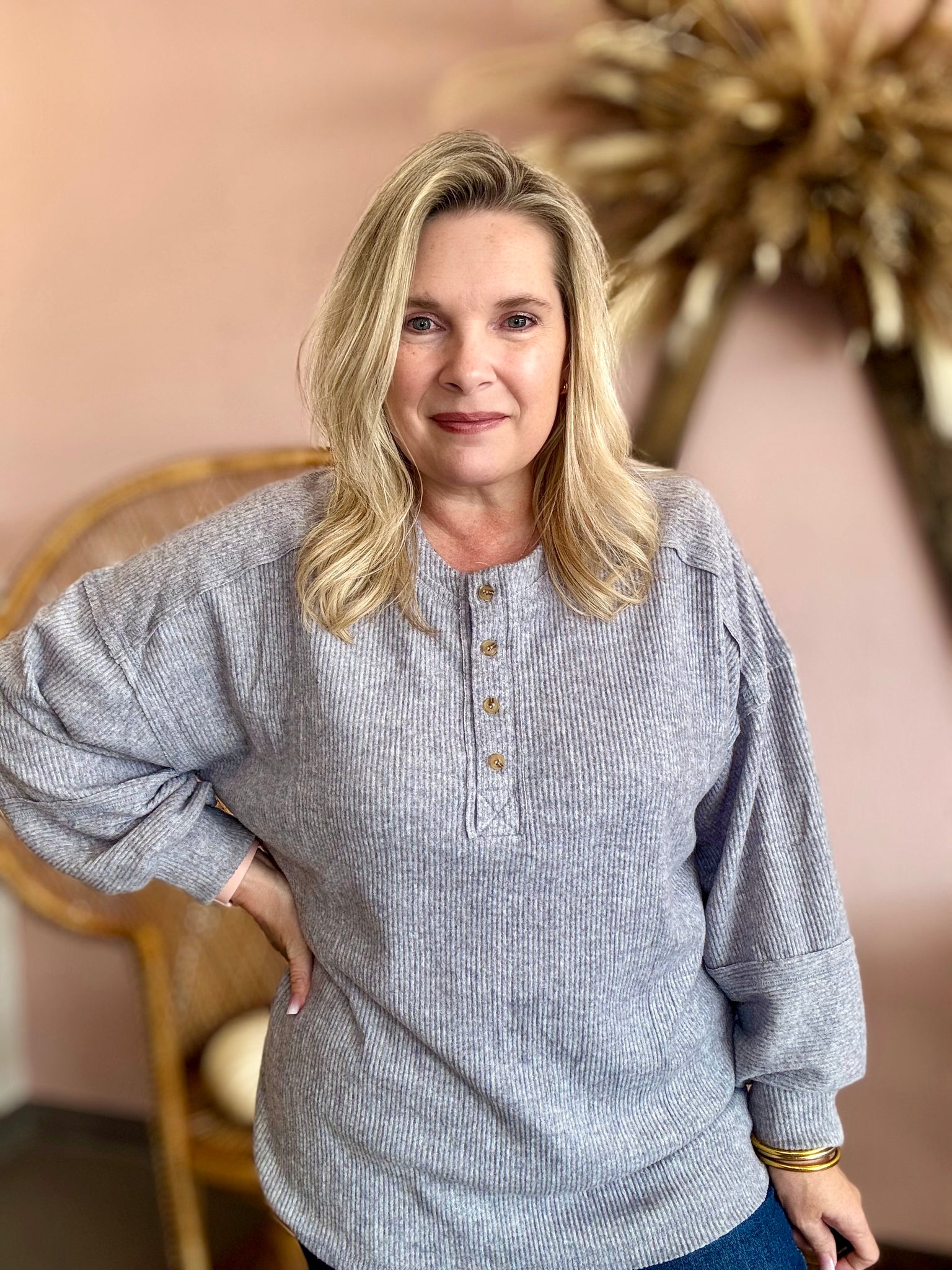 Ribbed Henley Button Top Grey