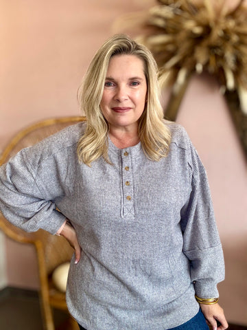 Ribbed Henley Button Top Grey