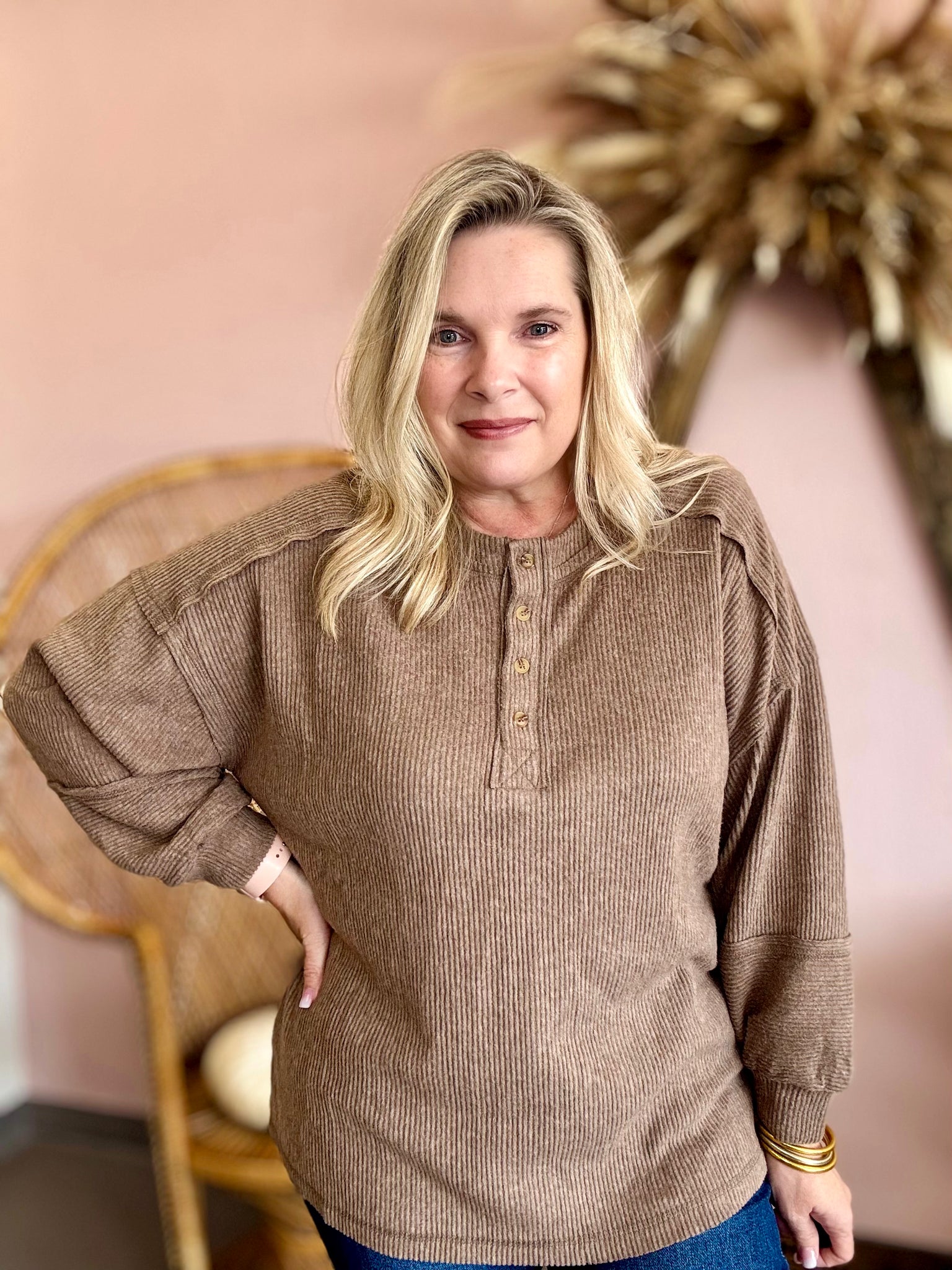 Ribbed Henley Button Top Mocha