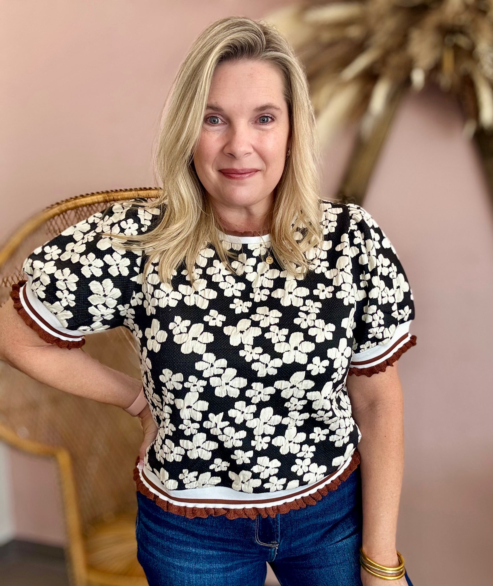 Flower Embossed Puff Sleeve Knit Top