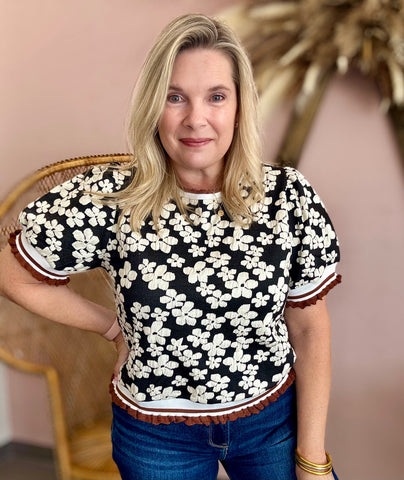 Flower Embossed Puff Sleeve Knit Top