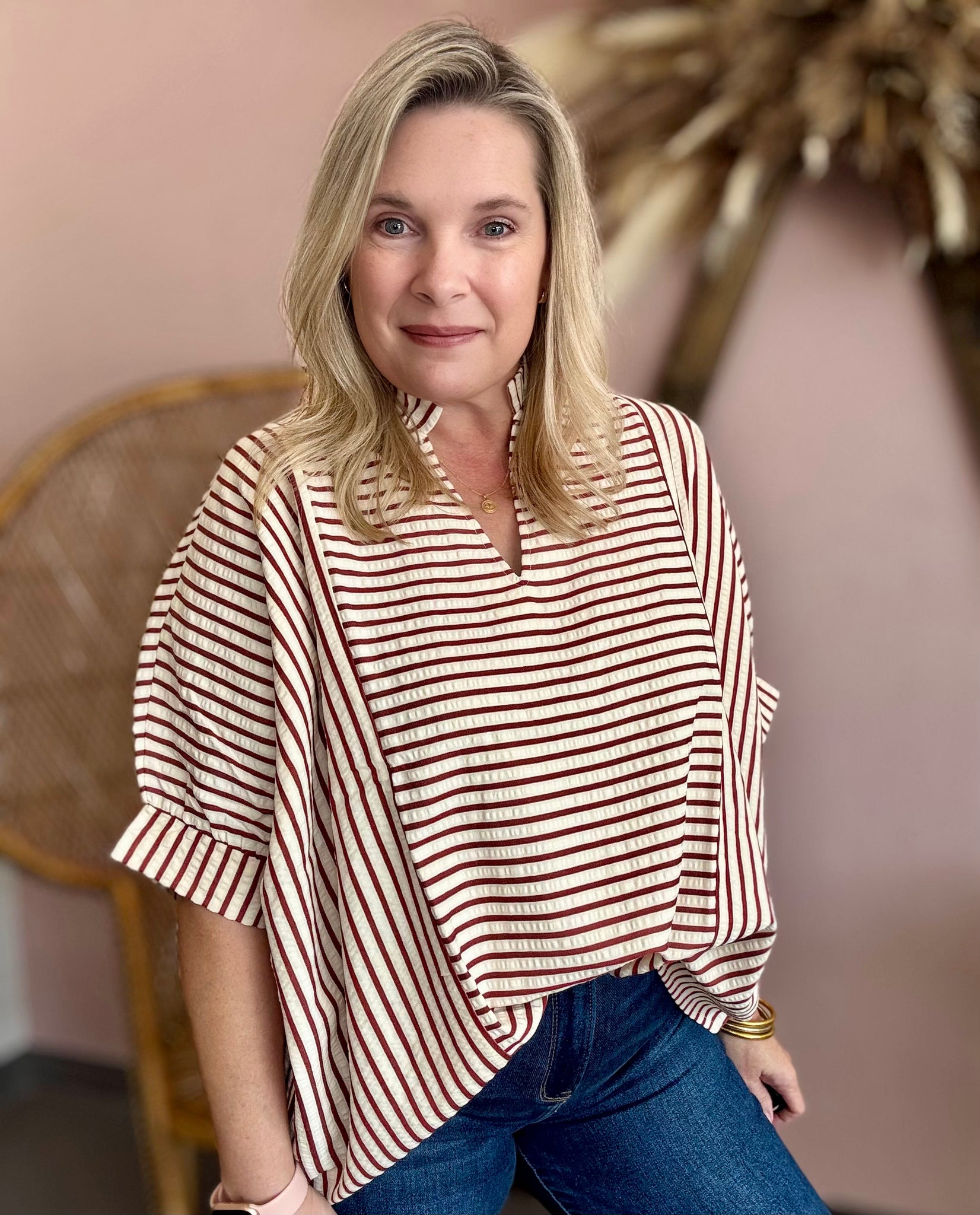 Stripe Ruffle Neck Loose Fit Blouse