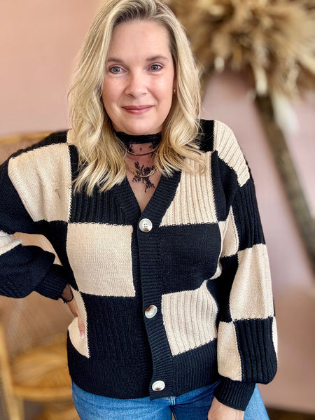 Checkered Button Front Sweater Cardigan