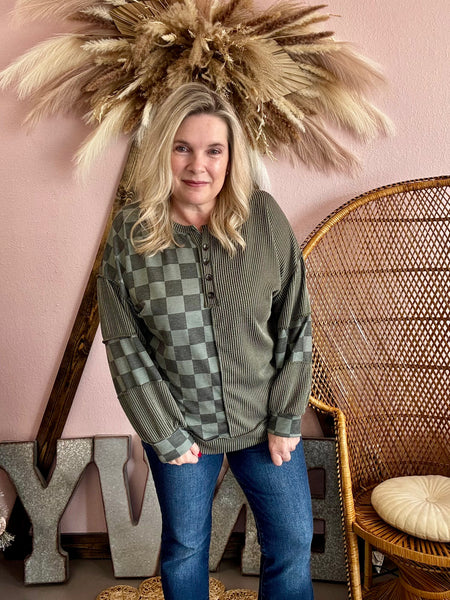 Ribbed and Check Patchwork Top Olive
