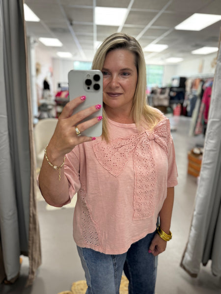 Washed Knit Eyelet Bow Top