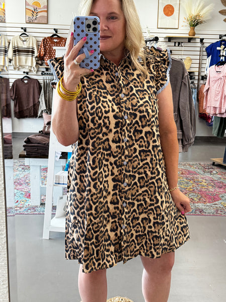 Leopard Print Ruffle Sleeve Mini Dress