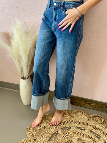 Wide Leg Cuffed Jeans