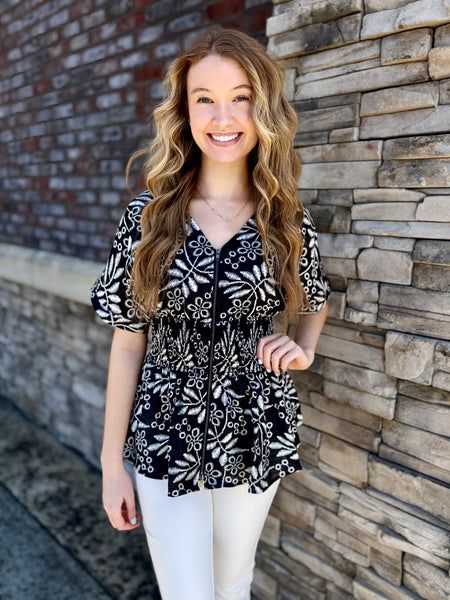 Smocked Waist Peplum Blouse Top