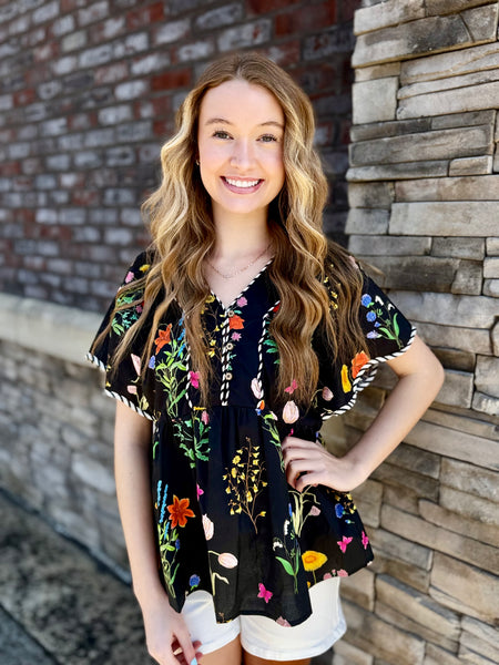 Midnight Bloom Scalloped Floral V-Neck Top