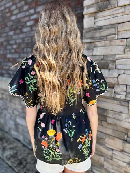 Midnight Bloom Scalloped Floral V-Neck Top