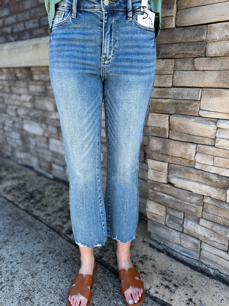 Judy Blue Mid Rise Raw Hem Kick Flare Crop Jeans