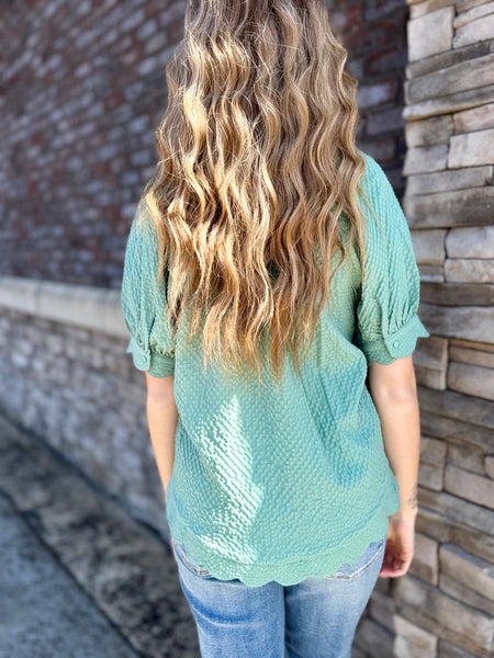 Elena Scalloped Hem Textured Puff Sleeve Blouse Mint
