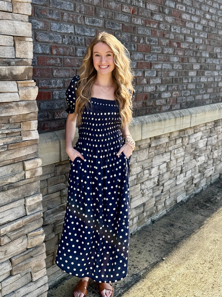Vintage Polka Dot Smocked Midi Dress