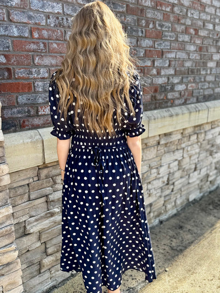 Vintage Polka Dot Smocked Midi Dress