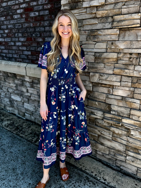 Floral Border Smocked Maxi Dress
