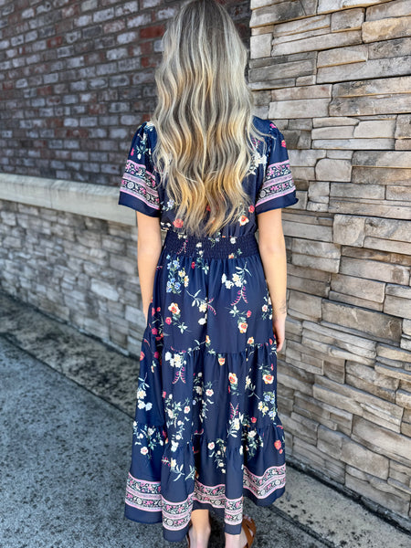 Floral Border Smocked Maxi Dress