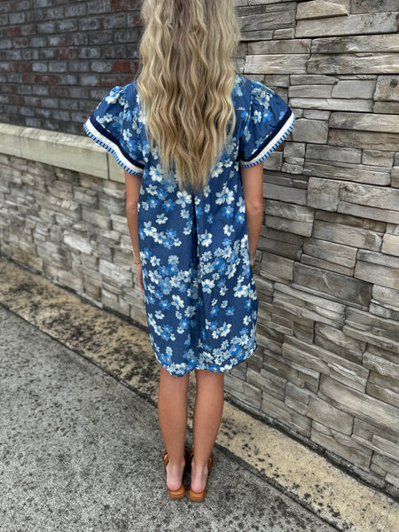 Indigo Floral Flutter Sleeve Shift Dress