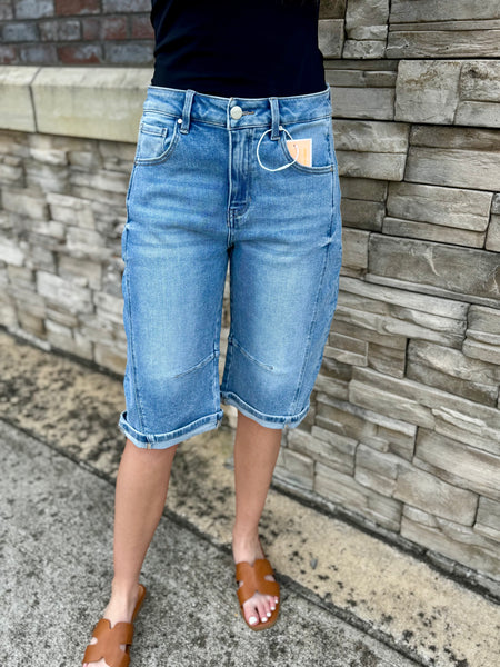 Risen High-Rise Slouchy Barrel Denim Bermuda Shorts