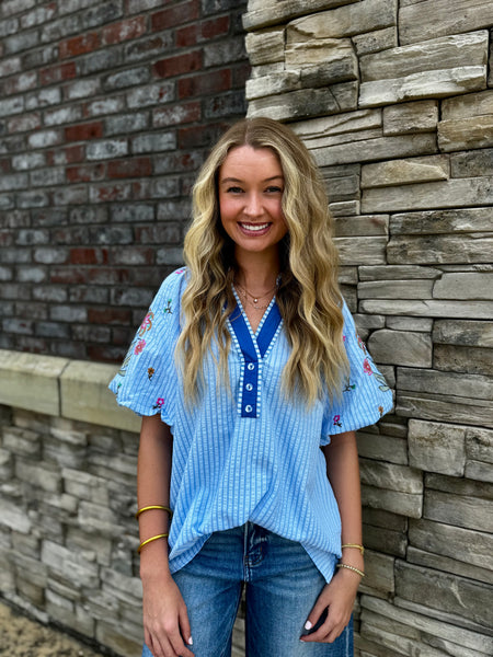 Artisan Floral Embroidered Striped Dolman Top