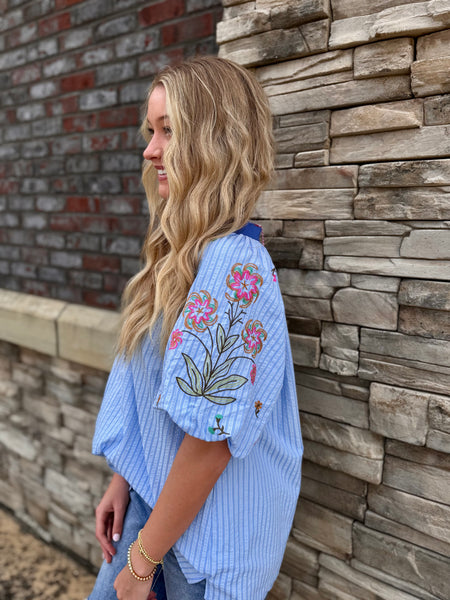 Artisan Floral Embroidered Striped Dolman Top