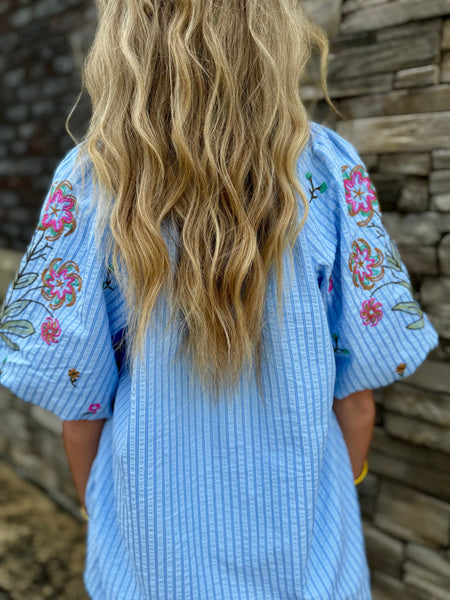 Artisan Floral Embroidered Striped Dolman Top