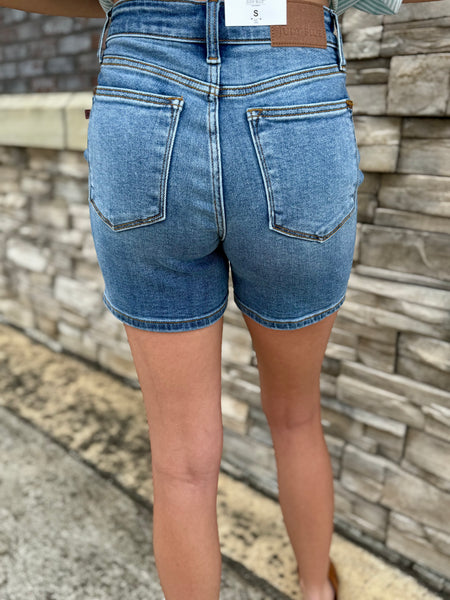Judy Blue High-Waisted 2-Button Mid-Length Denim Dad Shorts
