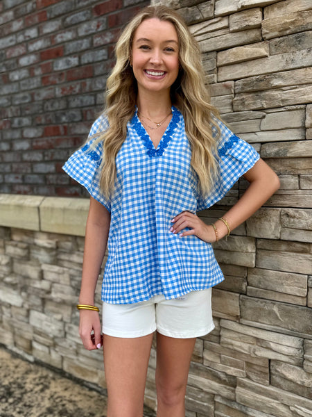 Azure Gingham Flutter Sleeve Lace Trim Top