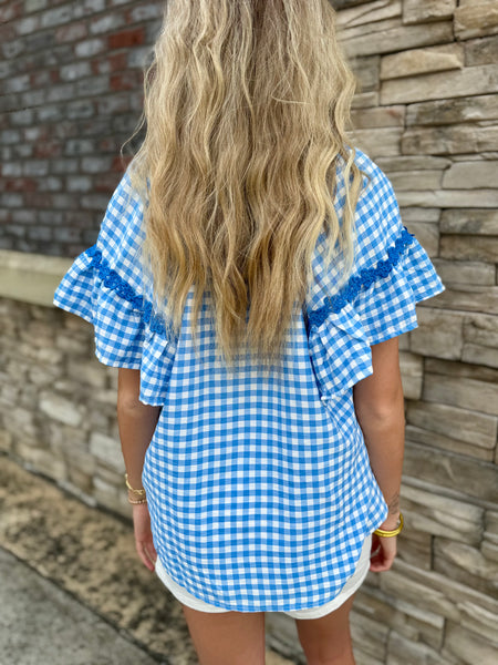 Azure Gingham Flutter Sleeve Lace Trim Top