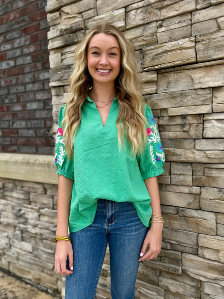 Embroidered Seersucker V-Neck Blouse Boho Top