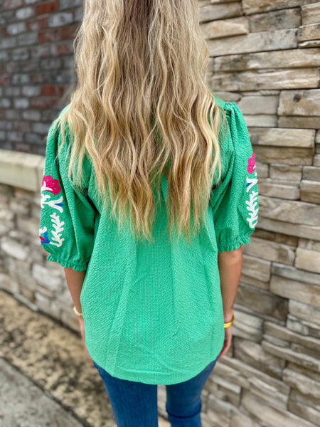 Embroidered Seersucker V-Neck Blouse Boho Top