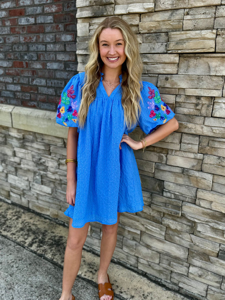 Floral Embroidered Bubble Sleeve Seersucker Mini Dress