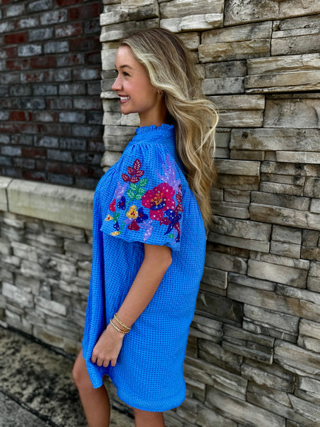 Floral Embroidered Bubble Sleeve Seersucker Mini Dress