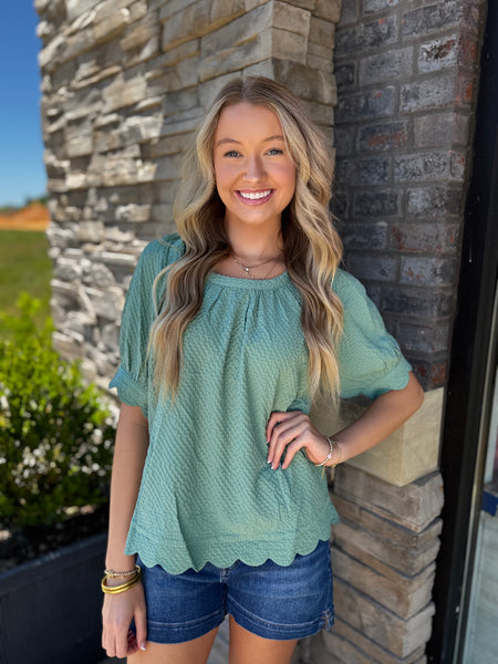 Elena Scalloped Hem Textured Puff Sleeve Blouse Mint