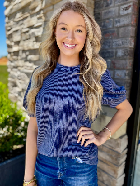 Rosie Raised Rib Puff Sleeve Top Navy