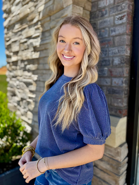 Rosie Raised Rib Puff Sleeve Top Navy