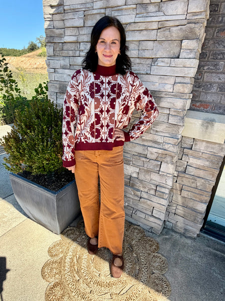 Burgundy Floral Tapestry Jacquard Knit Sweater