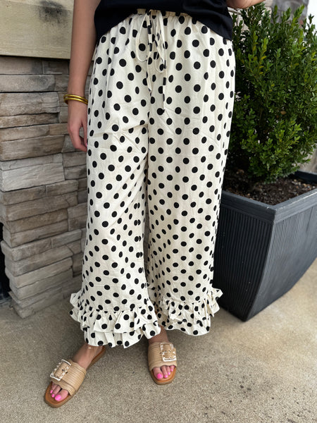 Ruffle Hem Polka Dot Pull On Pants