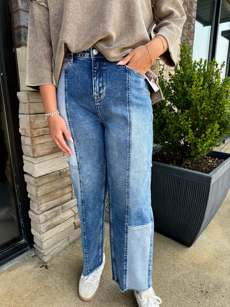 Patchwork Slim Barrel Leg Jeans