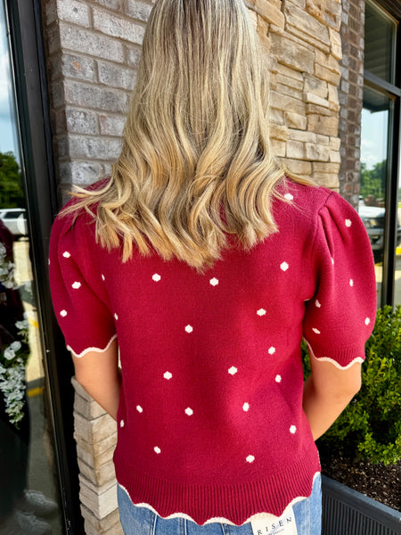 Bella Scallop Trim Polka Dot Puff Sleeve Sweater Top