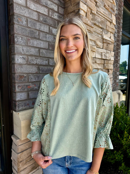 Mineral Wash Eyelet & Floral Patchwork Top