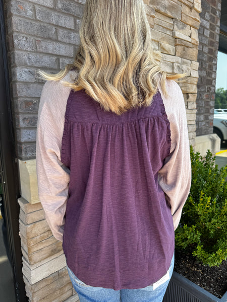Ruffled Raglan Slub Knit Top