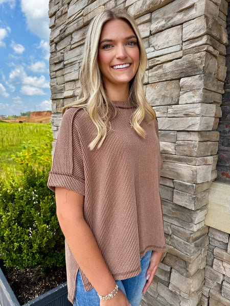 Effortless Raised Rib Cuffed Sleeve Top Brown
