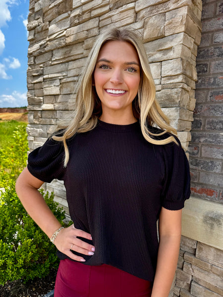 The Power Puff Ribbed Texture Top Black
