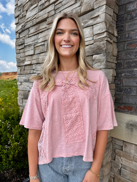 Washed Knit Eyelet Bow Top