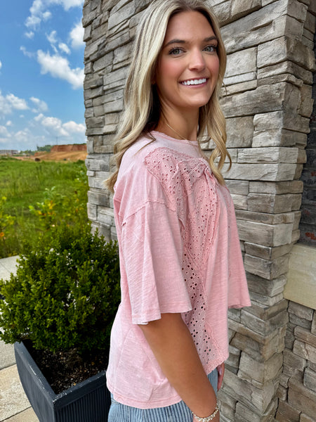 Washed Knit Eyelet Bow Top